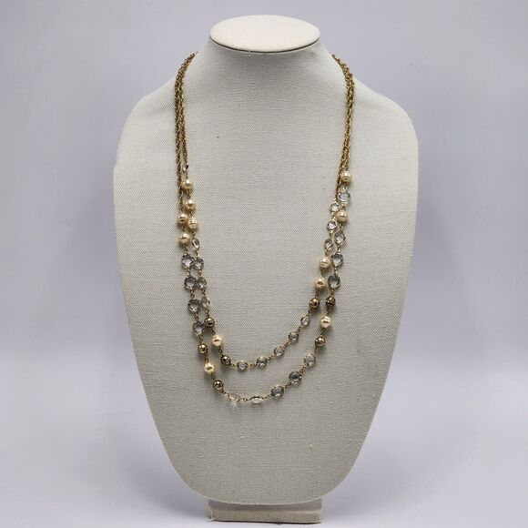Ann Taylor Long Layered Pearl Clear Bead Gold Chain Necklace - Picture 1 of 4